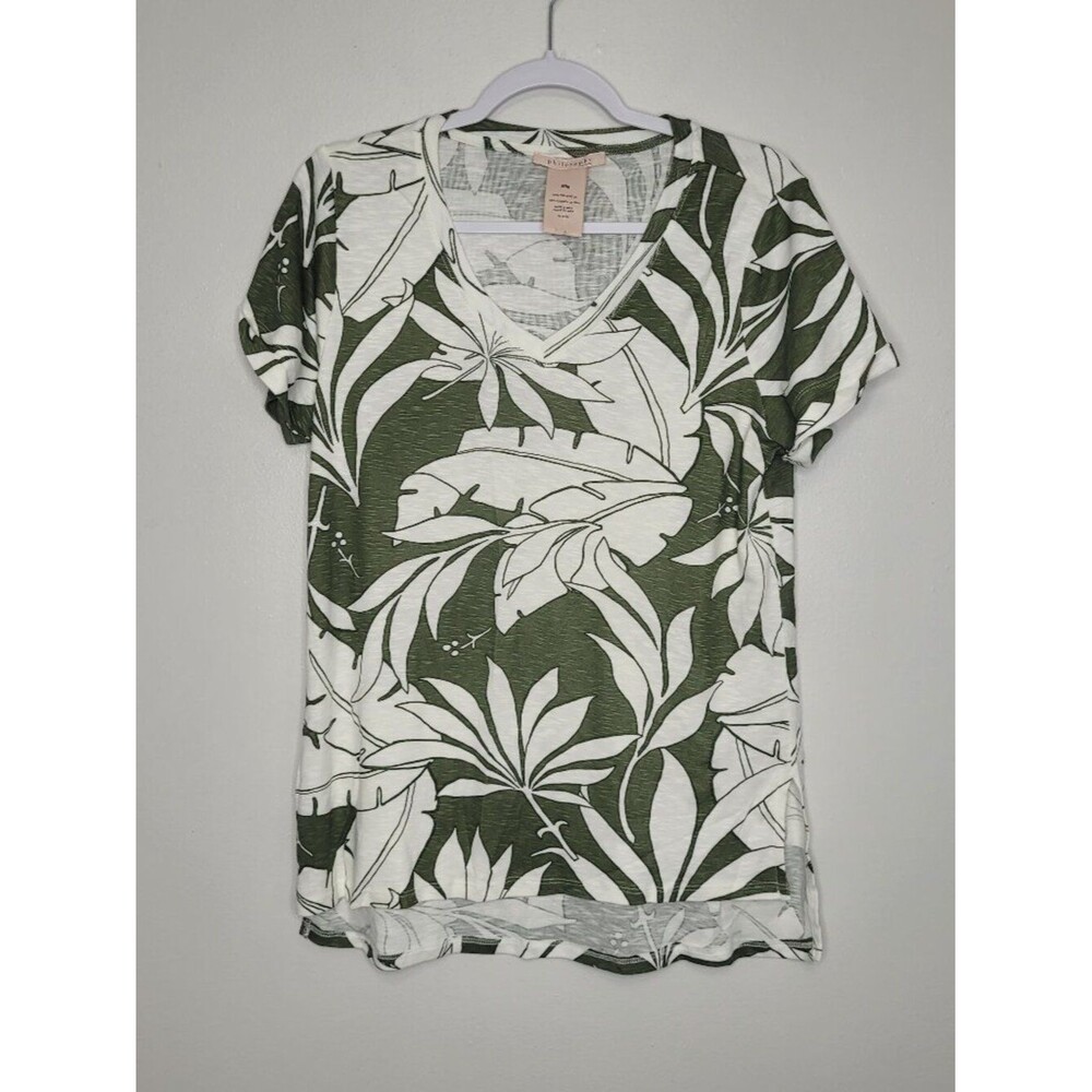 Philosophy green white tropical print organic cotton short sleeve casual top m